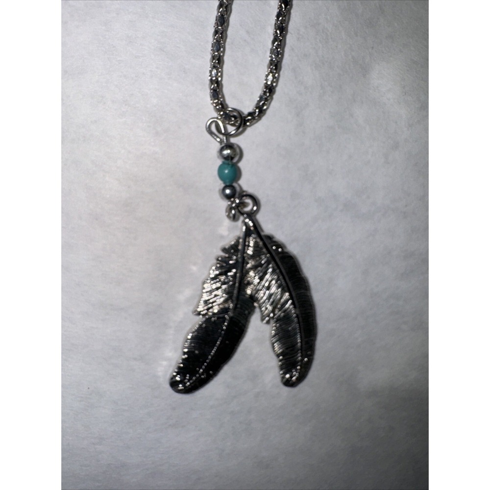 Silver-tone Double Feather Pendant Chain Necklace